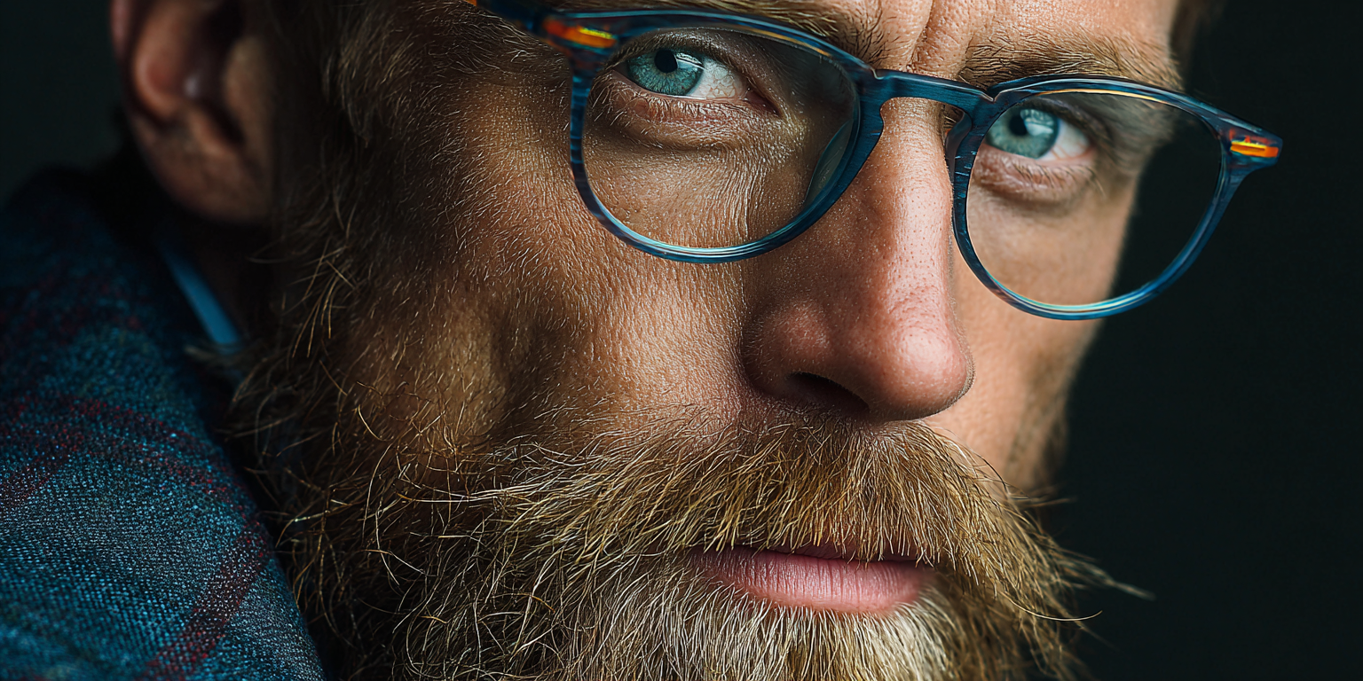 Close-up of a man wearing modern varifocal glasses